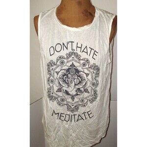 New Womens Persaya Don't Hate Meditate T Shirt Top White Elephant Rayon M L XL